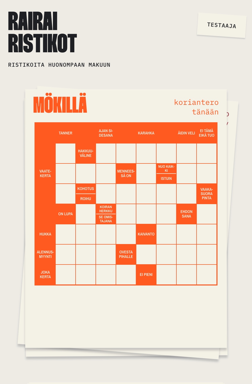The app on a phone: the Rairai ristikot heading in heavy black type, a pile of cream puzzle sheets slightly askew with an orange crossword grid on the top one, and a pad of grid paper beneath labelled Uusi ristikko